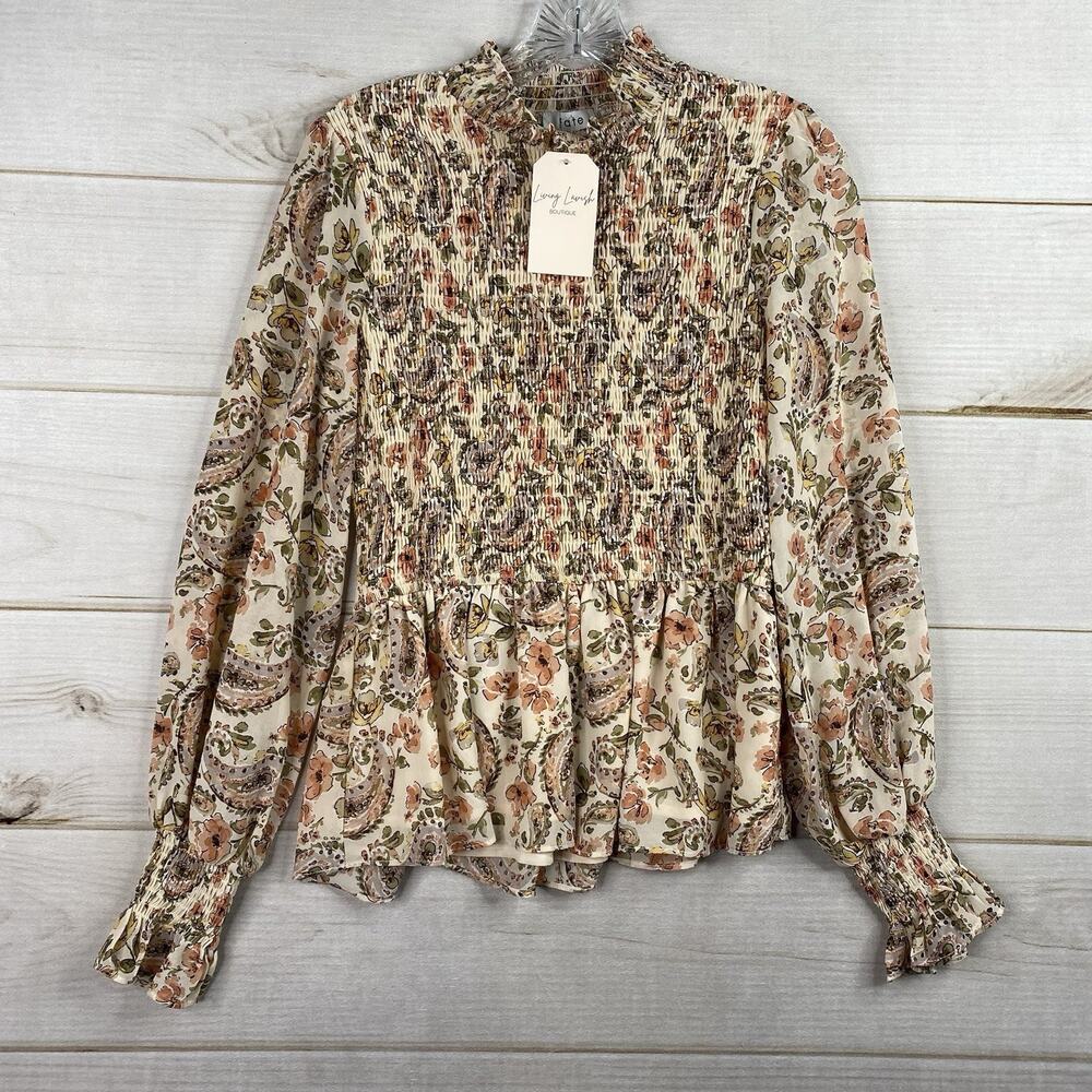 Fate Top Womens M Cream Floral Smocked Mock Neck Pullover Flowy Boho Cottage NWT